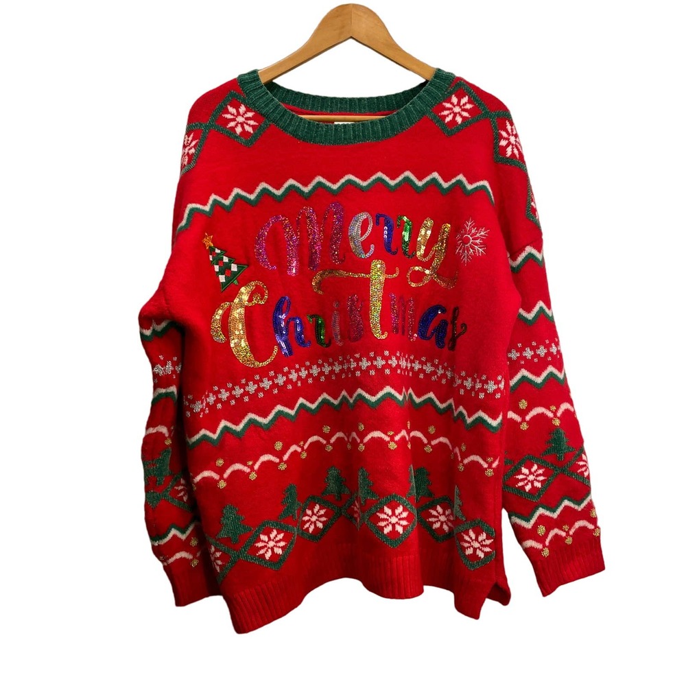 Holiday Time Sweater Red Green Merry Christmas 1X (16W-18W)